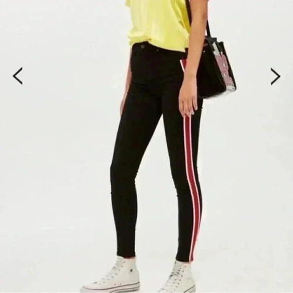Topshop Skinny Jeans Jamie High Rise Ankle Crop Moto Side Stripe Black Size 26 - Picture 1 of 16